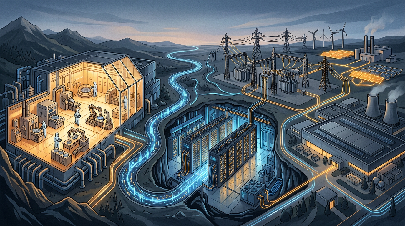 Illustration of an integrated energy network across a mountainous industrial landscape